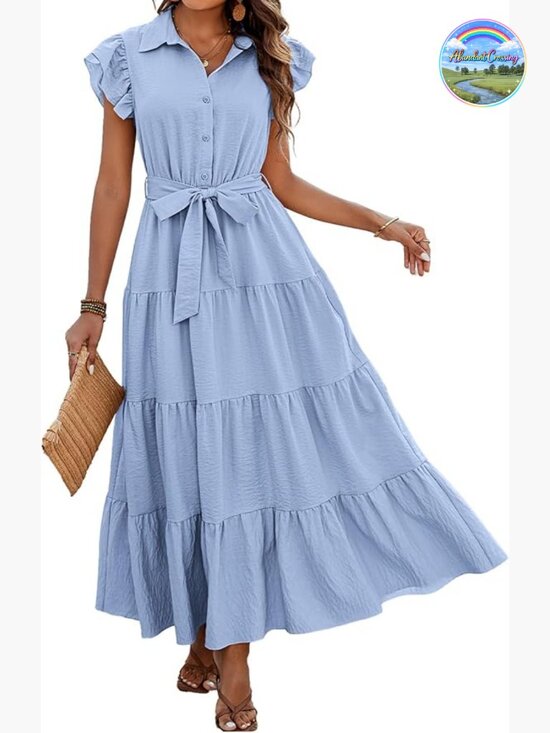 Dresses & Skirts - Cap Ruffle Sleeve V Neck Button Tiered Boho Maxi Dress with Pockets